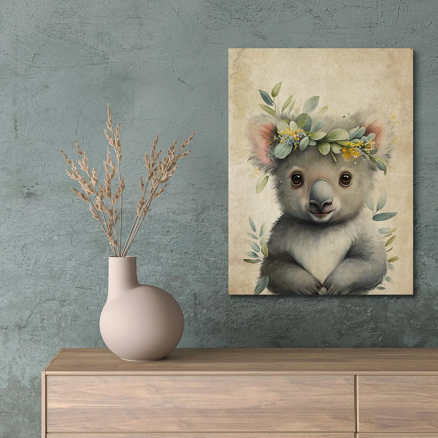 Baby Plum Retro Animal Portrait Poster Prints Cute Koala Garland Canvas Wall Art Flower Crown Picture Lovely Forest Animal Painting Artwork Nursery Kids Room Bedroom Wood Framed Wall Decor - 12"x16"