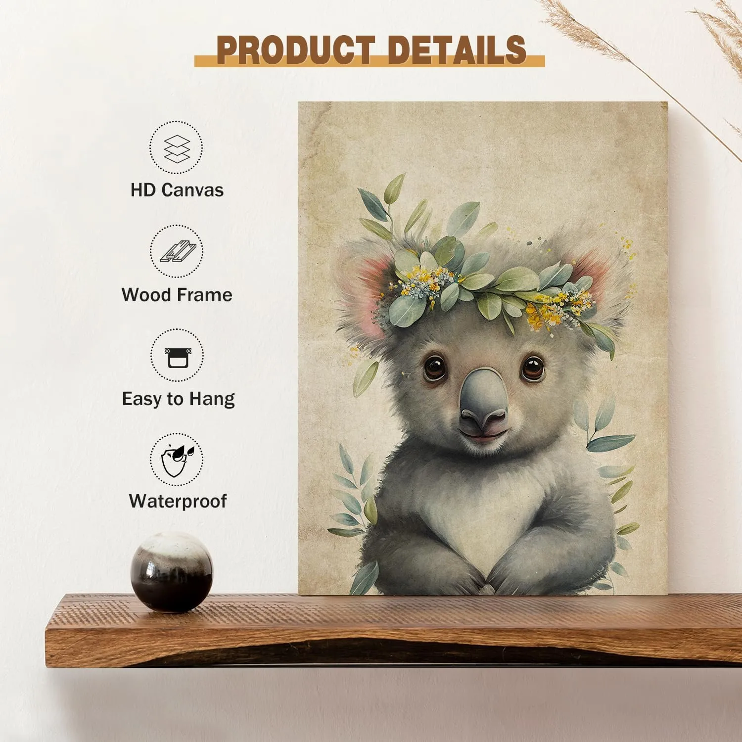 Baby Plum Retro Animal Portrait Poster Prints Cute Koala Garland Canvas Wall Art Flower Crown Picture Lovely Forest Animal Painting Artwork Nursery Kids Room Bedroom Wood Framed Wall Decor - 12"x16"