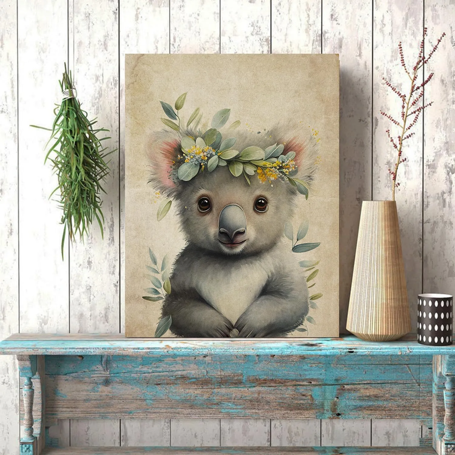 Baby Plum Retro Animal Portrait Poster Prints Cute Koala Garland Canvas Wall Art Flower Crown Picture Lovely Forest Animal Painting Artwork Nursery Kids Room Bedroom Wood Framed Wall Decor - 12"x16"
