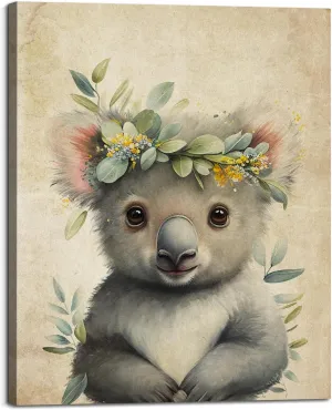 Baby Plum Retro Animal Portrait Poster Prints Cute Koala Garland Canvas Wall Art Flower Crown Picture Lovely Forest Animal Painting Artwork Nursery Kids Room Bedroom Wood Framed Wall Decor - 12"x16"