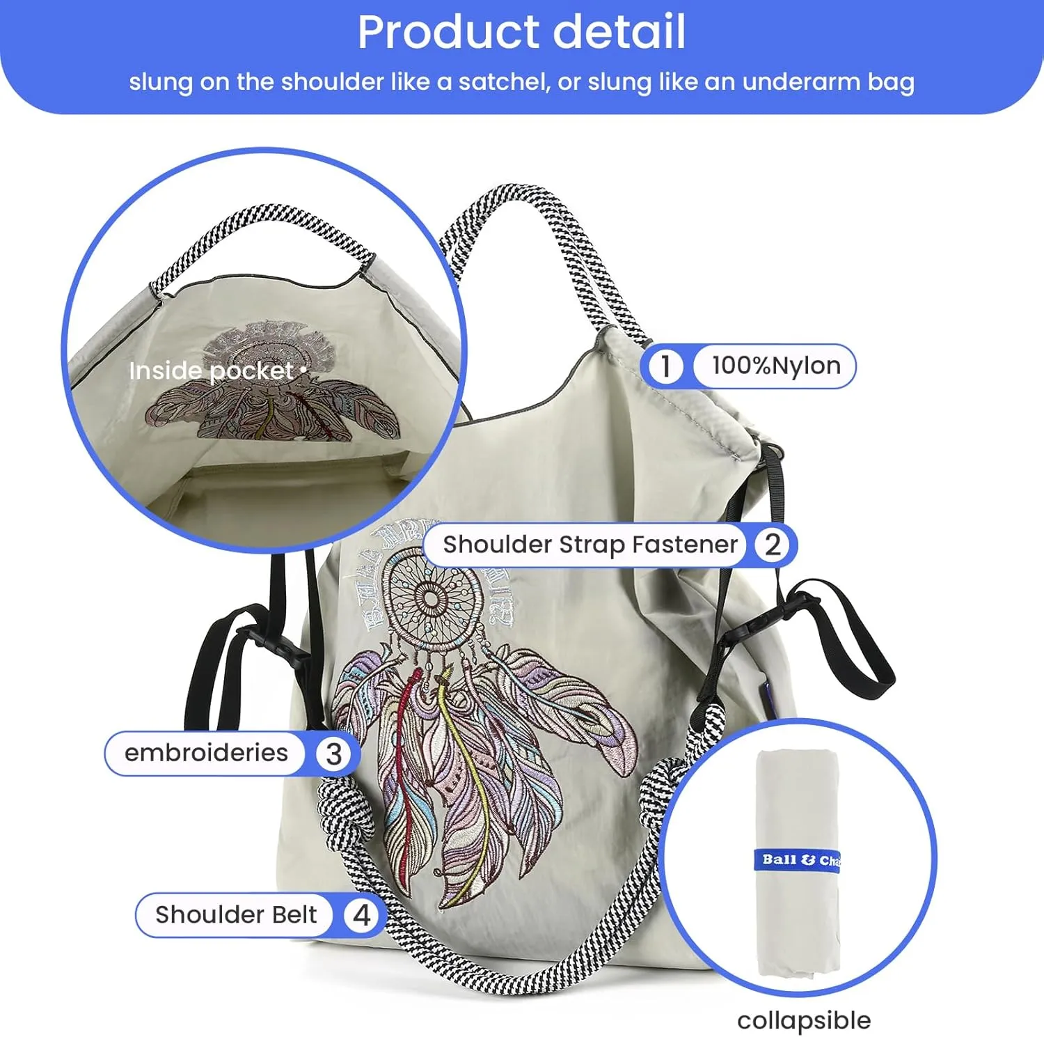 Ball&Chain Embroidery Initial Nylon Tote Bag,Personalized Present Suitable for Travel,Beach,is a Great Gift Women, Mom