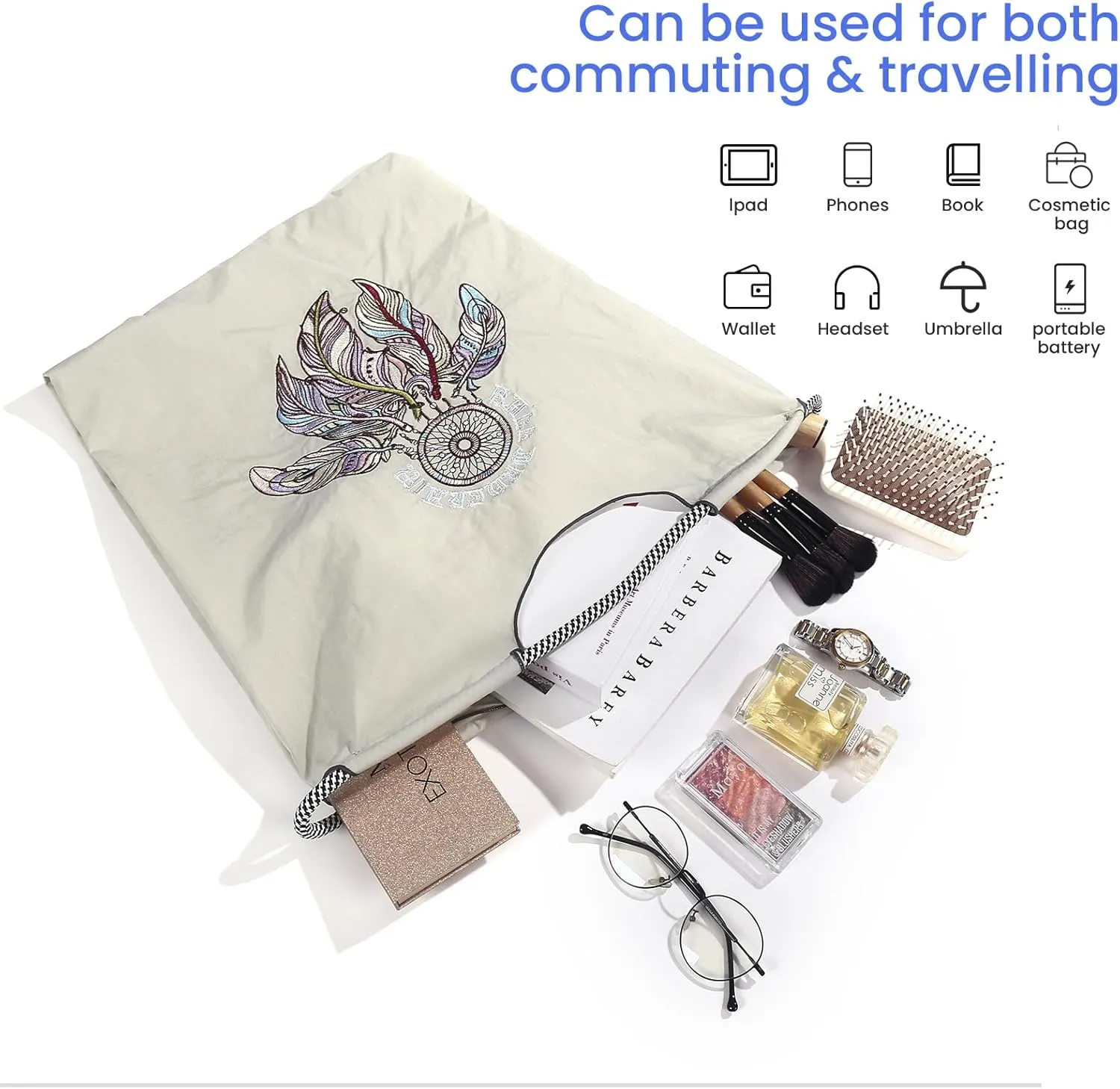 Ball&Chain Embroidery Initial Nylon Tote Bag,Personalized Present Suitable for Travel,Beach,is a Great Gift Women, Mom