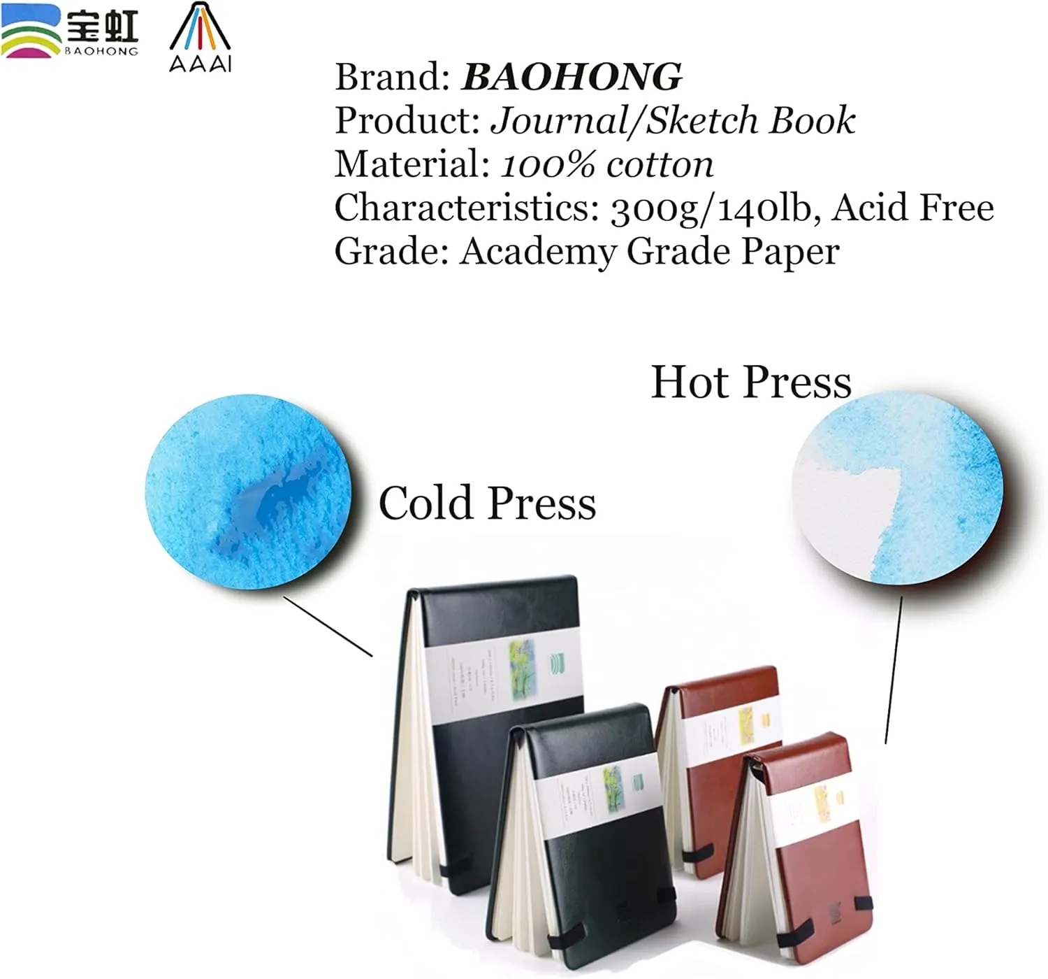 BAOHONG Academy' Watercolor Journal, PU Leather Cover, 24 Sheets Sized 6.2" x 4.7", Cold Press Academy Grade Watercolor Paper, 100% Cotton 140 lb (300 GSM), Travel Art Journal