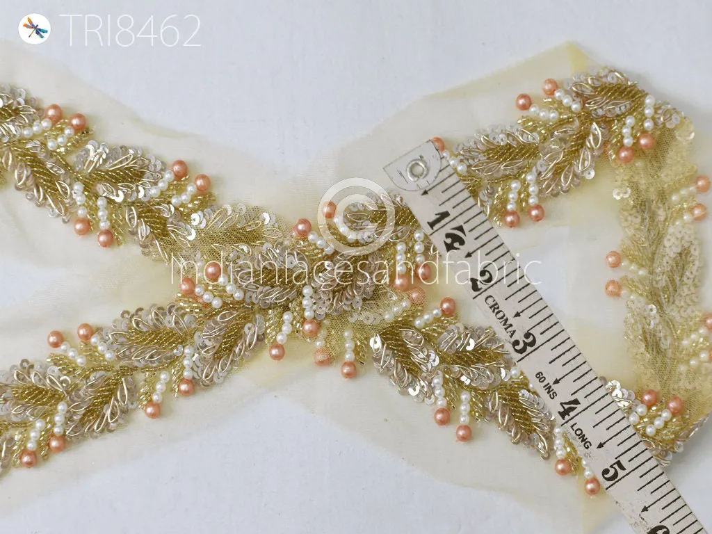 Beaded Trim By The Yard Indian Handcrafted Floral Sari Border DIY Crafting Saree Ribbon Embroidered Zari Laces Handmade Trimmings Costumes