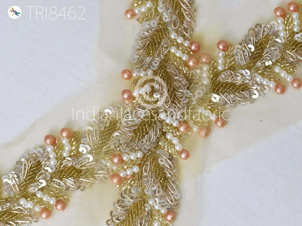 Beaded Trim By The Yard Indian Handcrafted Floral Sari Border DIY Crafting Saree Ribbon Embroidered Zari Laces Handmade Trimmings Costumes