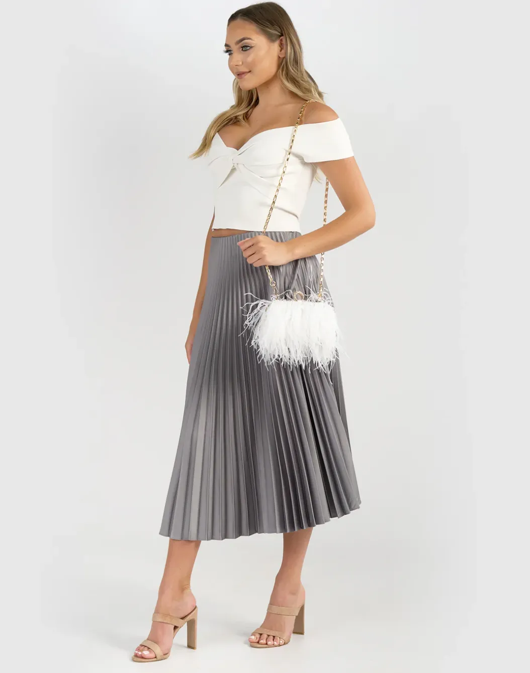 Beatrice Clutch White Faux Feather
