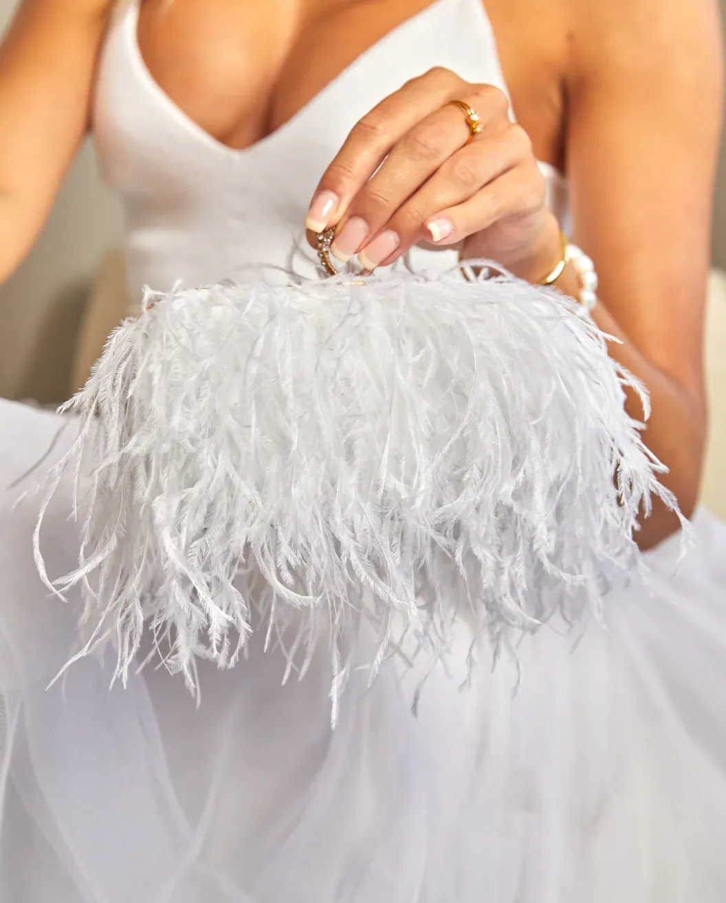 Beatrice Clutch White Faux Feather