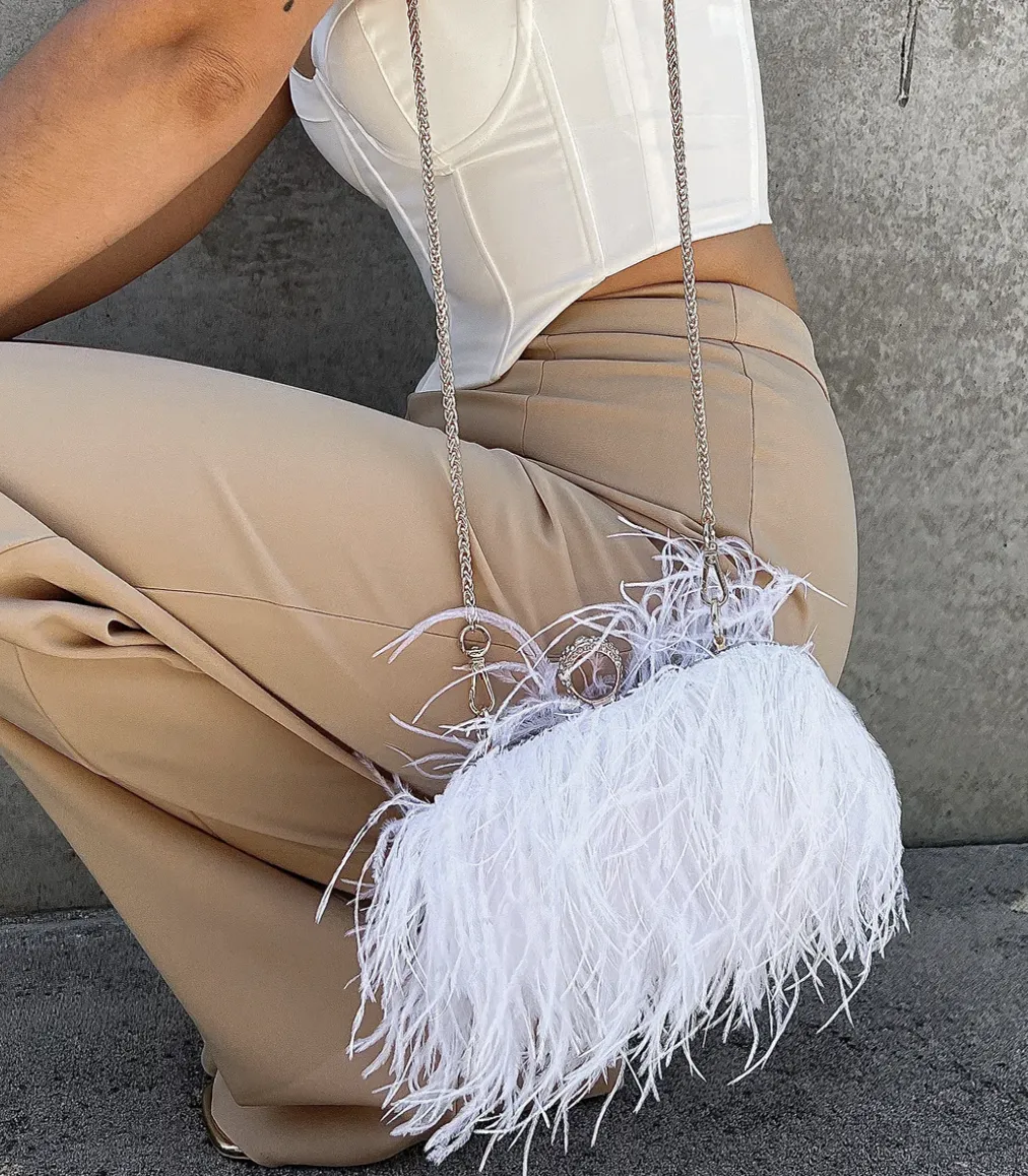 Beatrice Clutch White Faux Feather