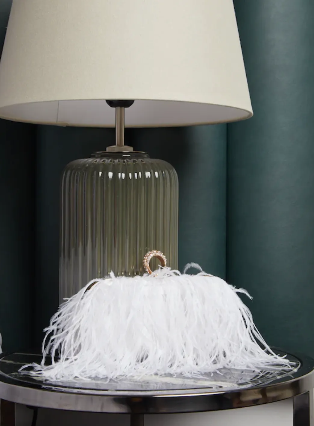 Beatrice Clutch White Faux Feather