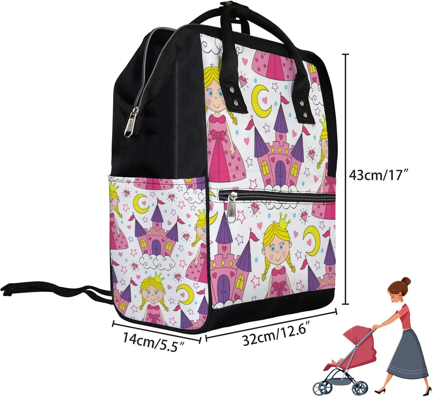 Beautiful Princess Castle Diaper Bag Backpack Waterproof Backpack Baby Nappy Changing Bag for Travel Large Capacity Durable and Stylish for Woman