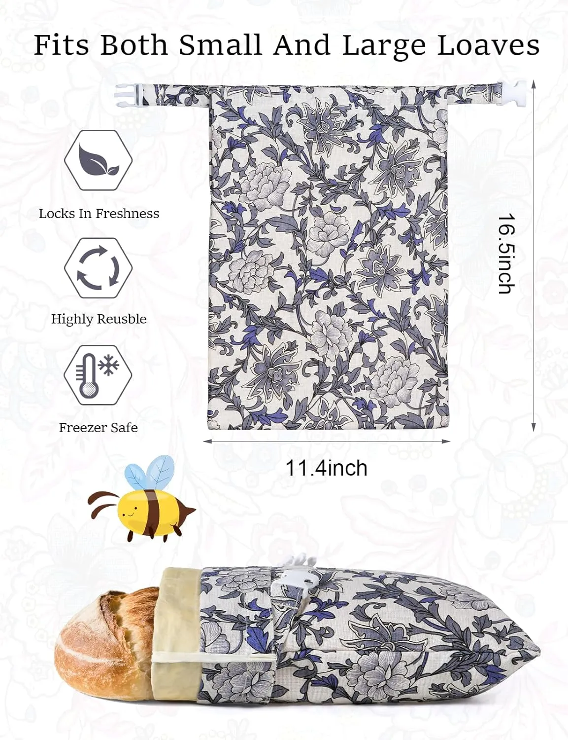 Beeswax Bread Bag, XL Reusable Linen Beeswax Bags for Homemade, Large Capacity Sourdough Storage Bag, Sourdough Bags for Homemade Bread, Freezer-Safe, Retro Blue and White Pattern, 2 Pack