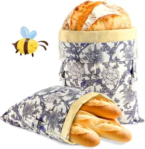 Beeswax Bread Bag, XL Reusable Linen Beeswax Bags for Homemade, Large Capacity Sourdough Storage Bag, Sourdough Bags for Homemade Bread, Freezer-Safe, Retro Blue and White Pattern, 2 Pack