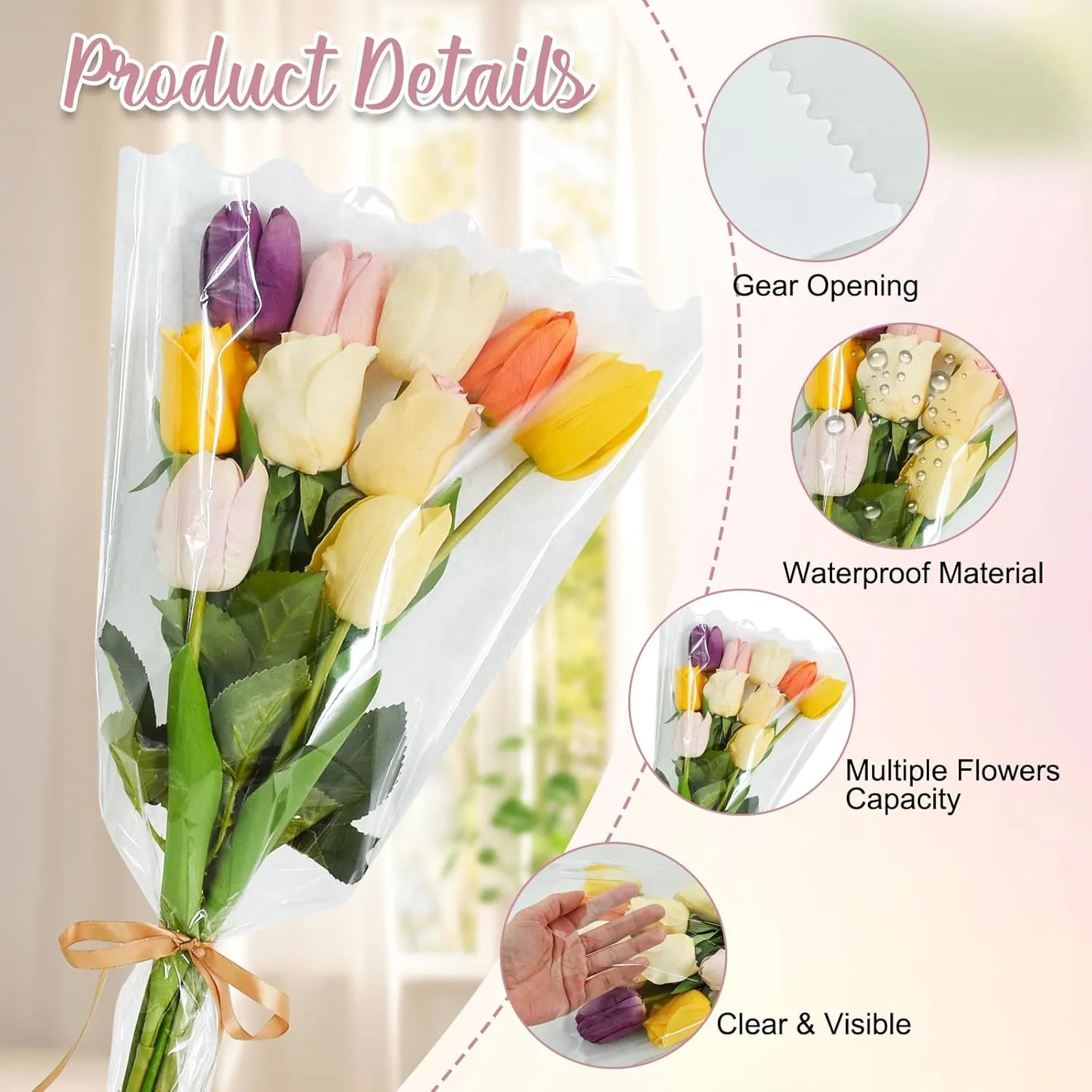 BEISHIDA 100 PCS Clear Flower Bouquet Bags Cellophane Flower Sleeves Plastic Wrapping Bags for Florist Bouquet Supplies Mother's Day Valentine's Day (Transparent,18 x 12 inch)