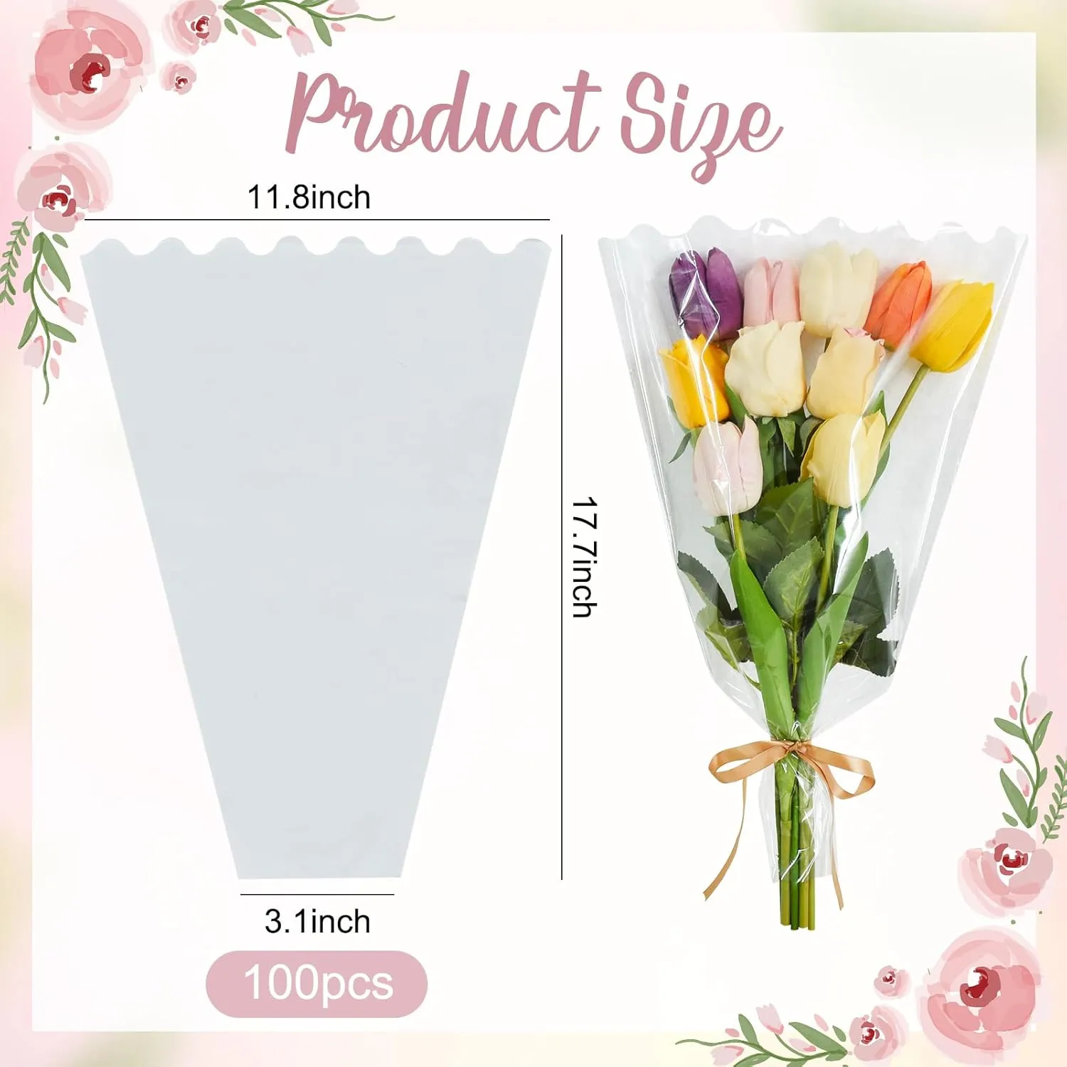 BEISHIDA 100 PCS Clear Flower Bouquet Bags Cellophane Flower Sleeves Plastic Wrapping Bags for Florist Bouquet Supplies Mother's Day Valentine's Day (Transparent,18 x 12 inch)
