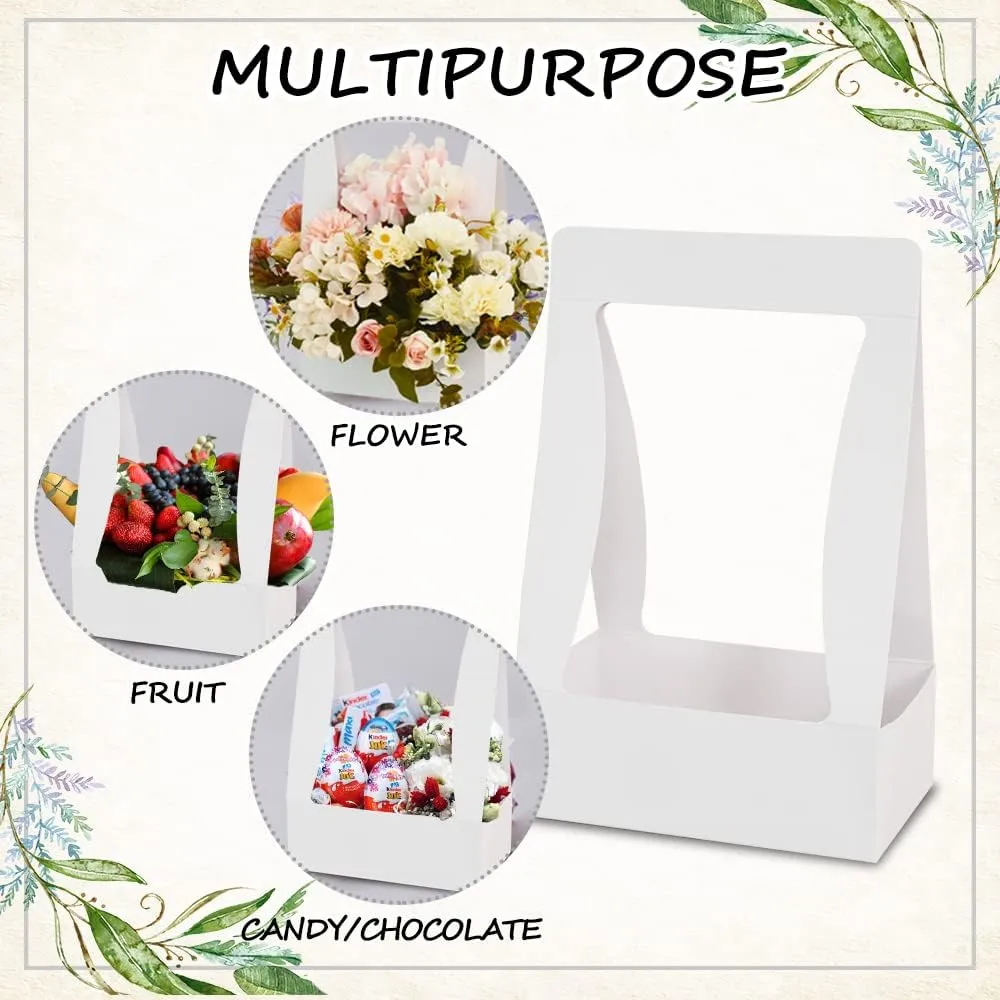 BEISHIDA 5 PCS White Flower Bouquet Boxes Craft Paper Gift Bags with Handle for Bouquet Packaging Floral Wrap Florist Supplies Basket Graduation Wedding Valentine Gift Crafts(8 x 4.7 x 12.6 in)