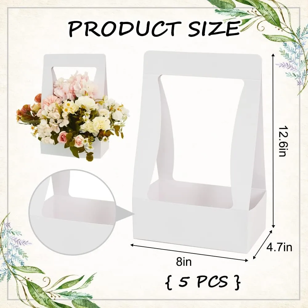 BEISHIDA 5 PCS White Flower Bouquet Boxes Craft Paper Gift Bags with Handle for Bouquet Packaging Floral Wrap Florist Supplies Basket Graduation Wedding Valentine Gift Crafts(8 x 4.7 x 12.6 in)