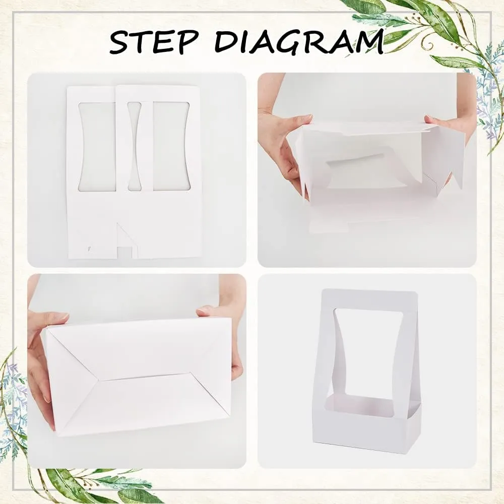 BEISHIDA 5 PCS White Flower Bouquet Boxes Craft Paper Gift Bags with Handle for Bouquet Packaging Floral Wrap Florist Supplies Basket Graduation Wedding Valentine Gift Crafts(8 x 4.7 x 12.6 in)