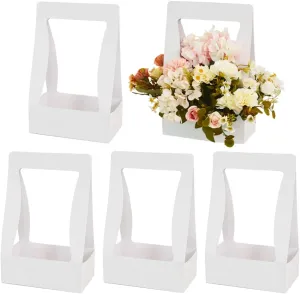 BEISHIDA 5 PCS White Flower Bouquet Boxes Craft Paper Gift Bags with Handle for Bouquet Packaging Floral Wrap Florist Supplies Basket Graduation Wedding Valentine Gift Crafts(8 x 4.7 x 12.6 in)
