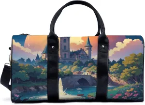 Bell tower castle waterfall under huge moon Travel Duffel Bag for Woman Weekender Bag Man Tote Gym Bag Sport Gym Bag Hospital Bag for Labor and Delivery Overnight Bag Luggage Bag