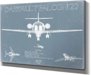 Bella Frye Dassault Falcon 20 Aircraft Blueprint Wall Art - Original Airplane Print 14" x 11" / Stretched Canvas Wrap