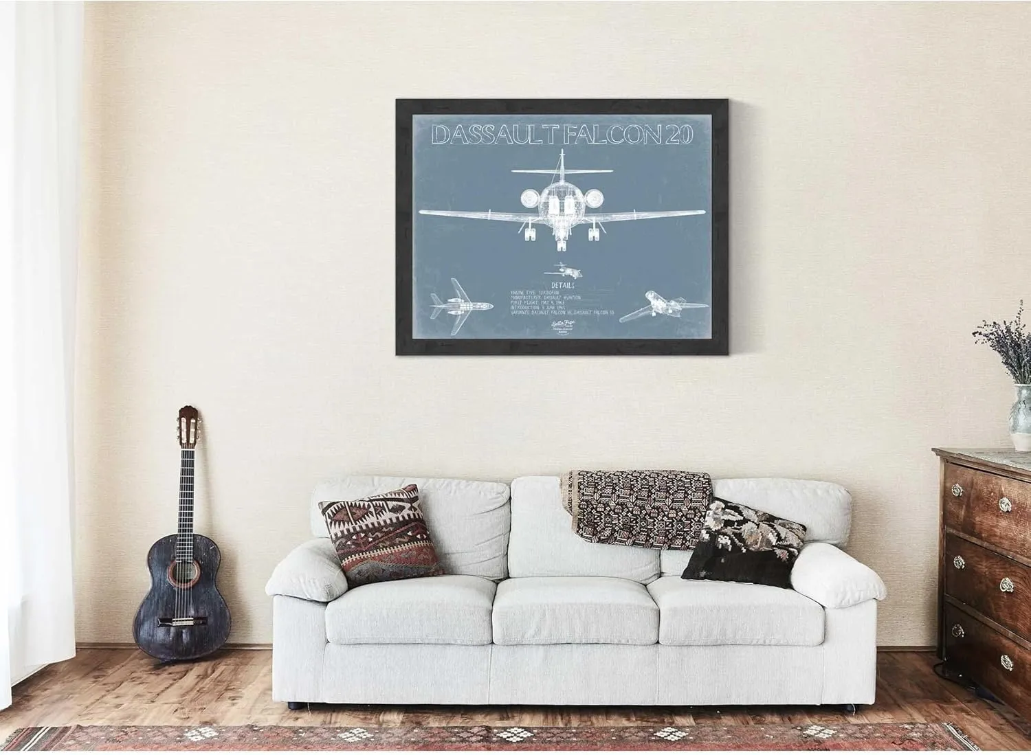 Bella Frye Dassault Falcon 20 Aircraft Blueprint Wall Art - Original Airplane Print 14" x 11" / Stretched Canvas Wrap