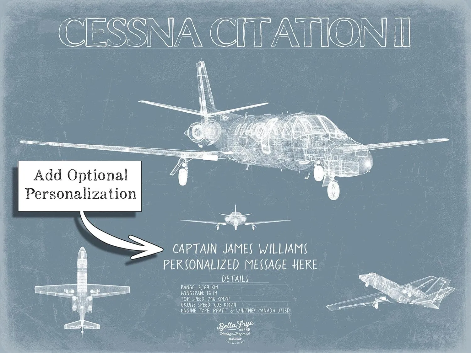 Bella Frye Dassault Falcon 20 Aircraft Blueprint Wall Art - Original Airplane Print 14" x 11" / Stretched Canvas Wrap