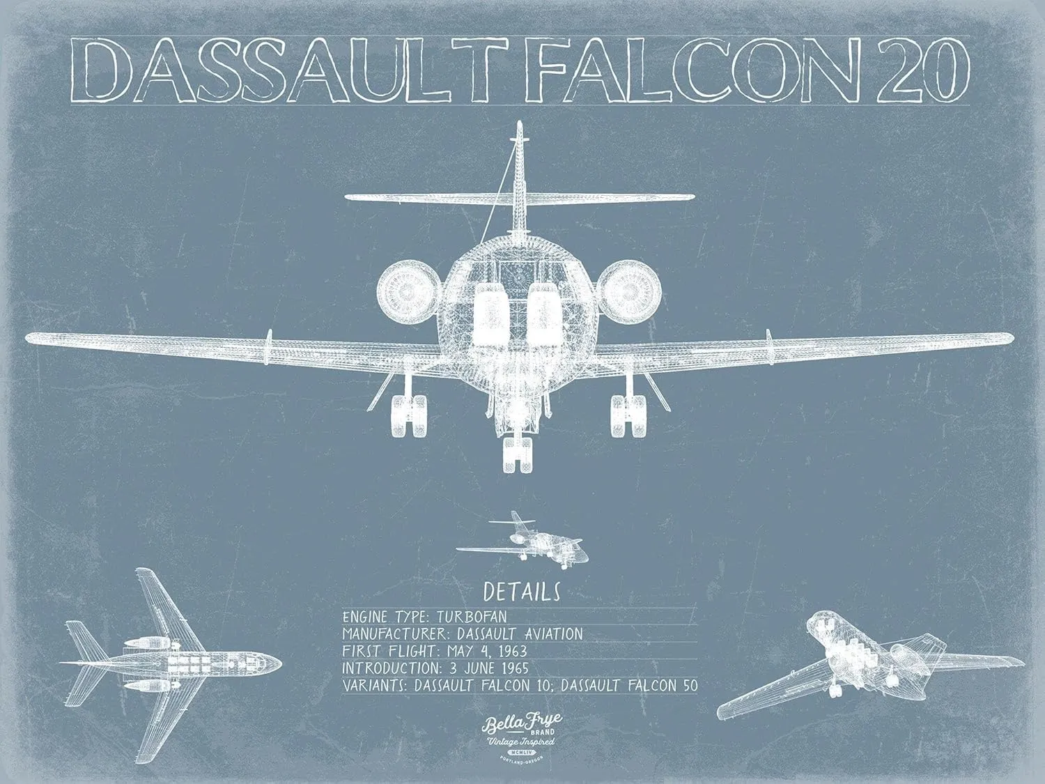 Bella Frye Dassault Falcon 20 Aircraft Blueprint Wall Art - Original Airplane Print 14" x 11" / Stretched Canvas Wrap
