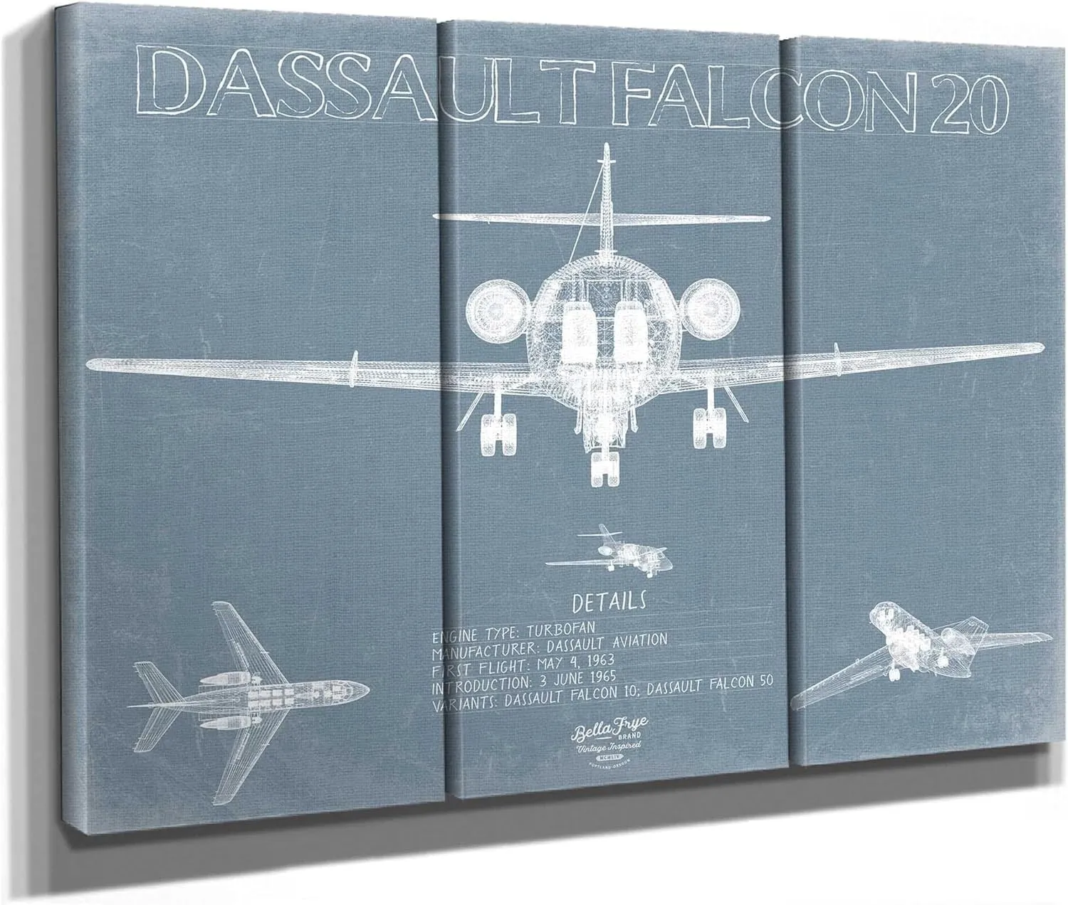 Bella Frye Dassault Falcon 20 Aircraft Blueprint Wall Art - Original Airplane Print 14" x 11" / Stretched Canvas Wrap
