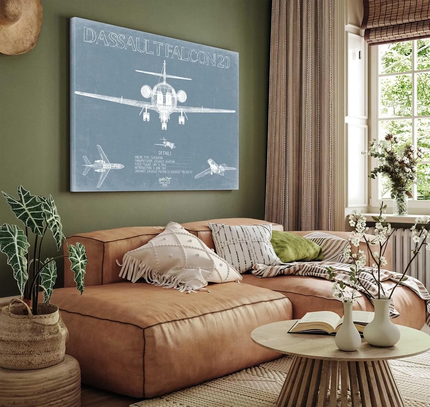 Bella Frye Dassault Falcon 20 Aircraft Blueprint Wall Art - Original Airplane Print 14" x 11" / Stretched Canvas Wrap