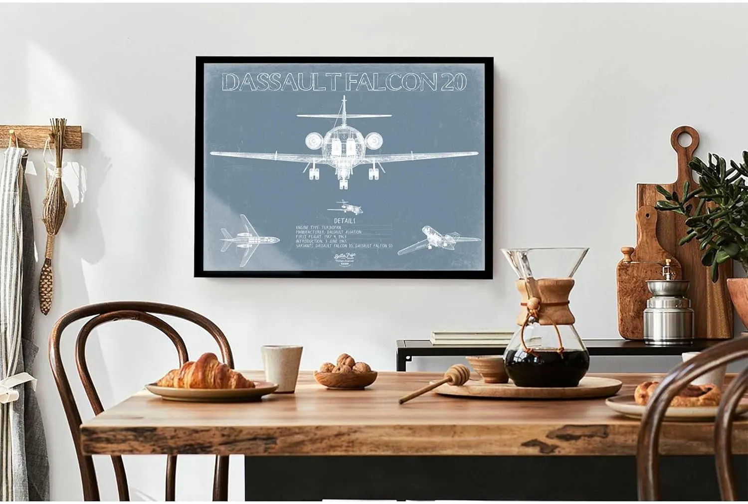 Bella Frye Dassault Falcon 20 Aircraft Blueprint Wall Art - Original Airplane Print 14" x 11" / Stretched Canvas Wrap