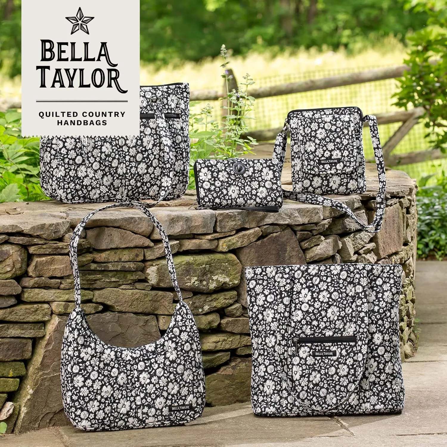 Bella Taylor Slim Card Wallet for Women | Quilted Cotton Fabric Zip Around Credit Card Wallet with RFID Protection | Bicolor Floral Black