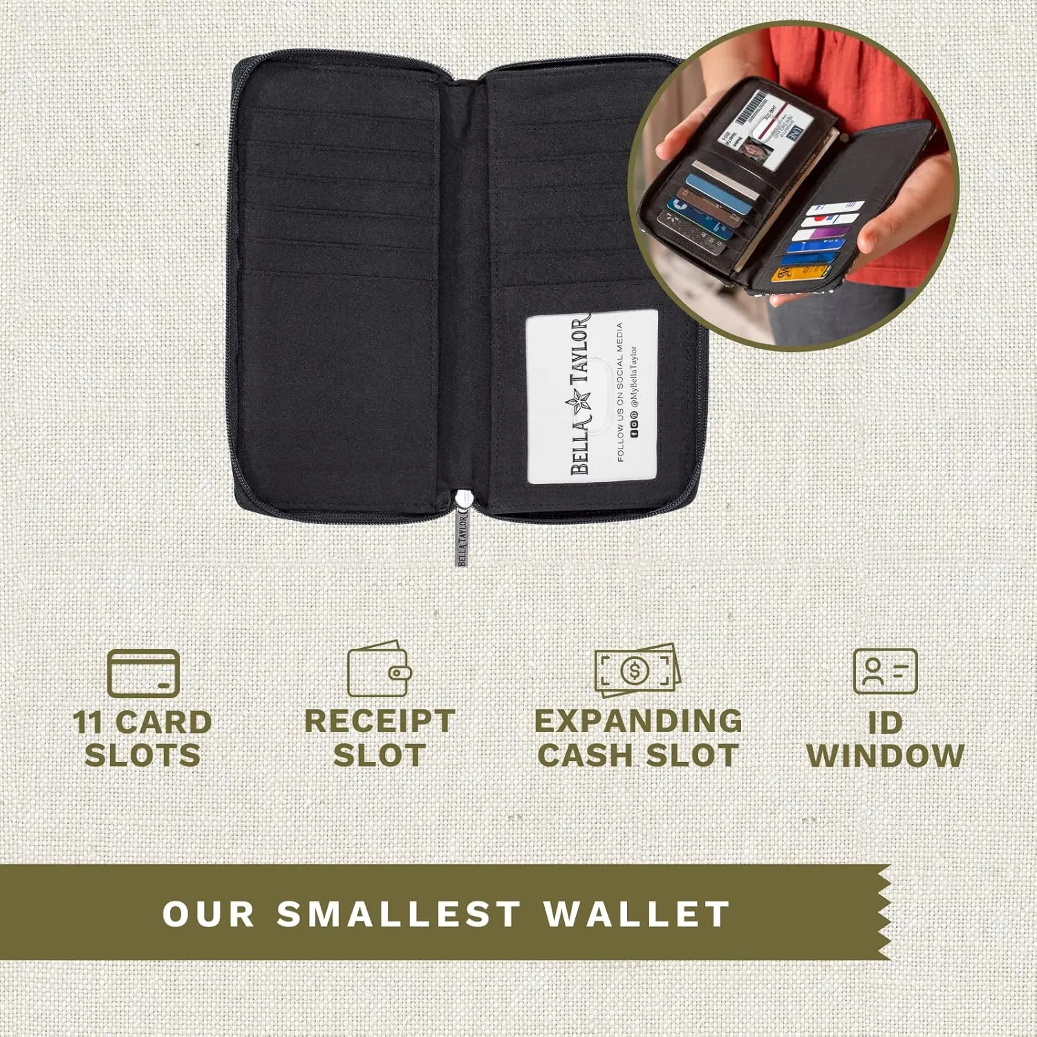 Bella Taylor Slim Card Wallet for Women | Quilted Cotton Fabric Zip Around Credit Card Wallet with RFID Protection | Bicolor Floral Black