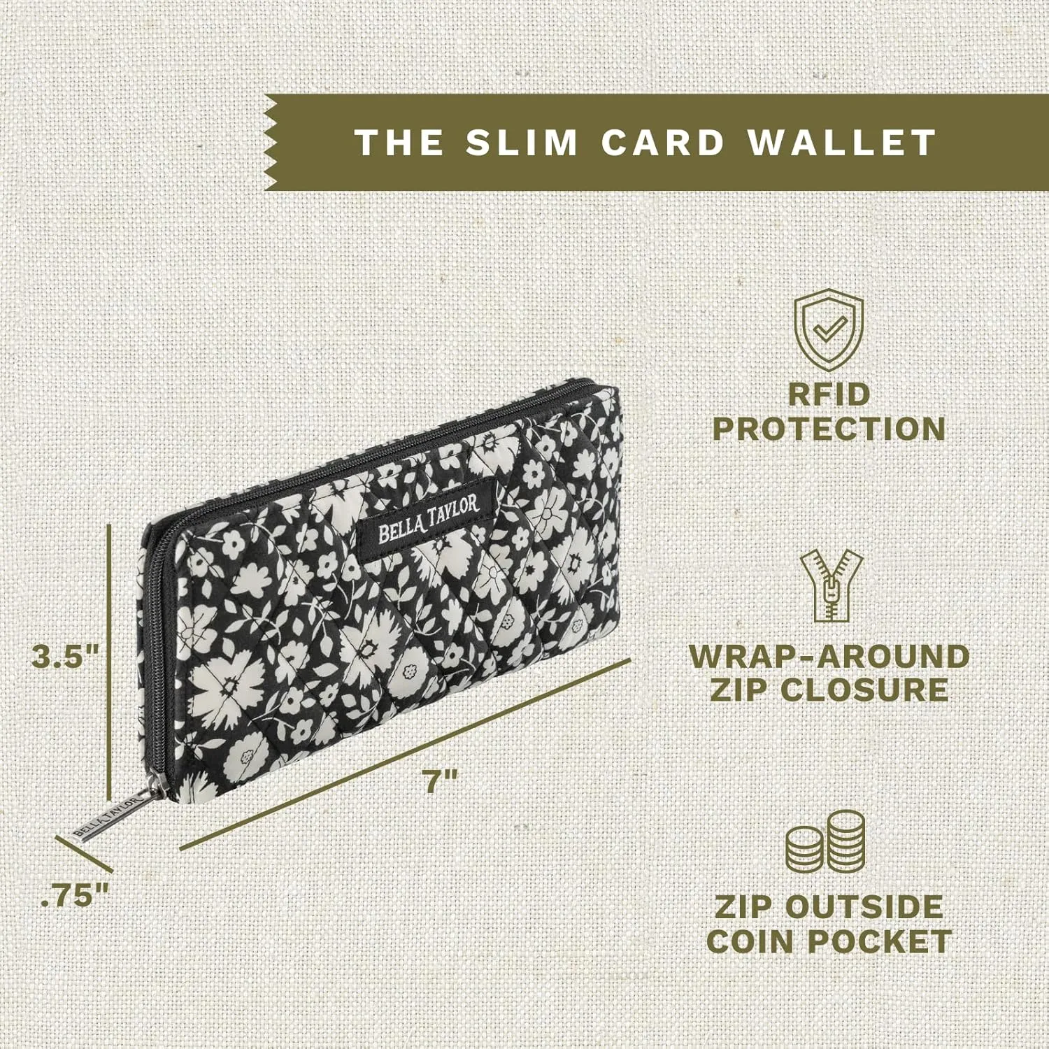 Bella Taylor Slim Card Wallet for Women | Quilted Cotton Fabric Zip Around Credit Card Wallet with RFID Protection | Bicolor Floral Black