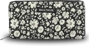 Bella Taylor Slim Card Wallet for Women | Quilted Cotton Fabric Zip Around Credit Card Wallet with RFID Protection | Bicolor Floral Black