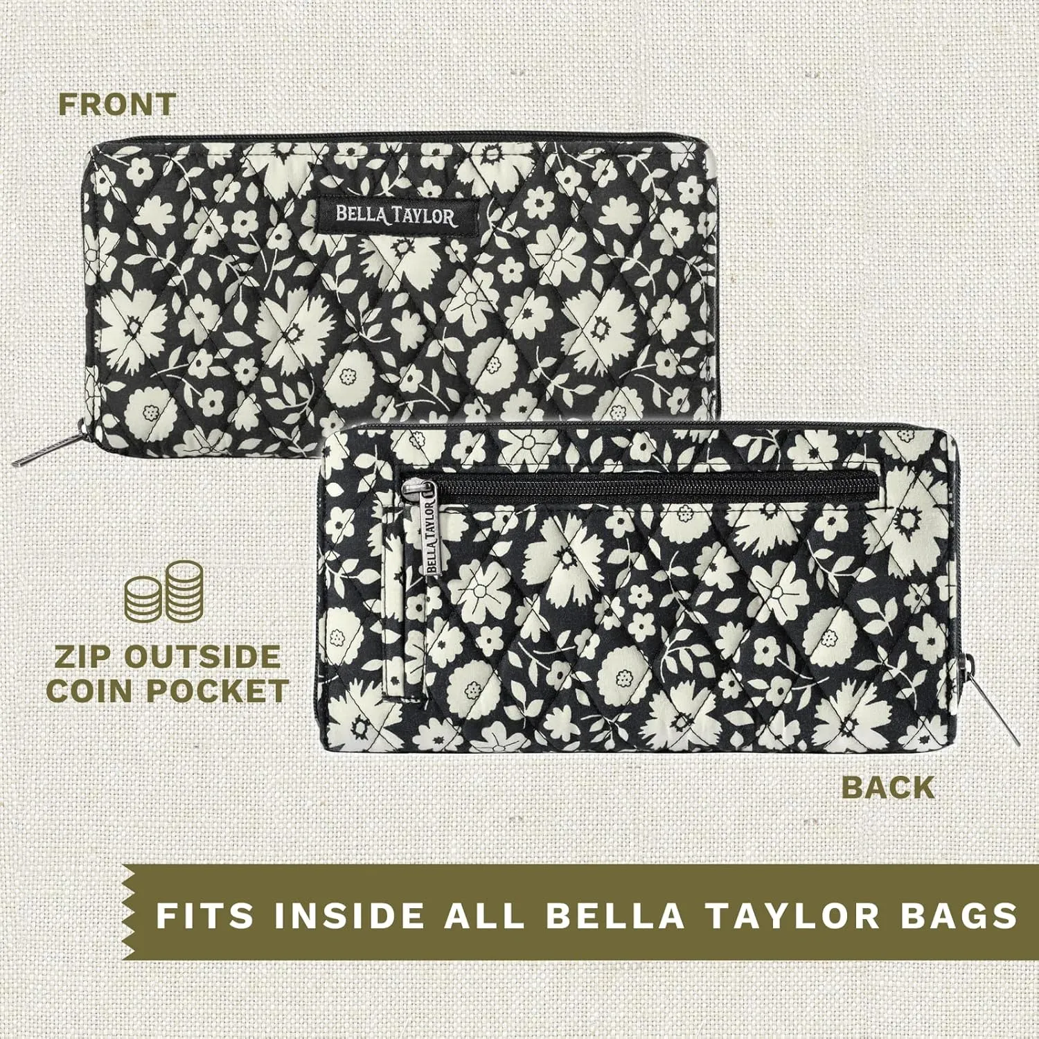 Bella Taylor Slim Card Wallet for Women | Quilted Cotton Fabric Zip Around Credit Card Wallet with RFID Protection | Bicolor Floral Black