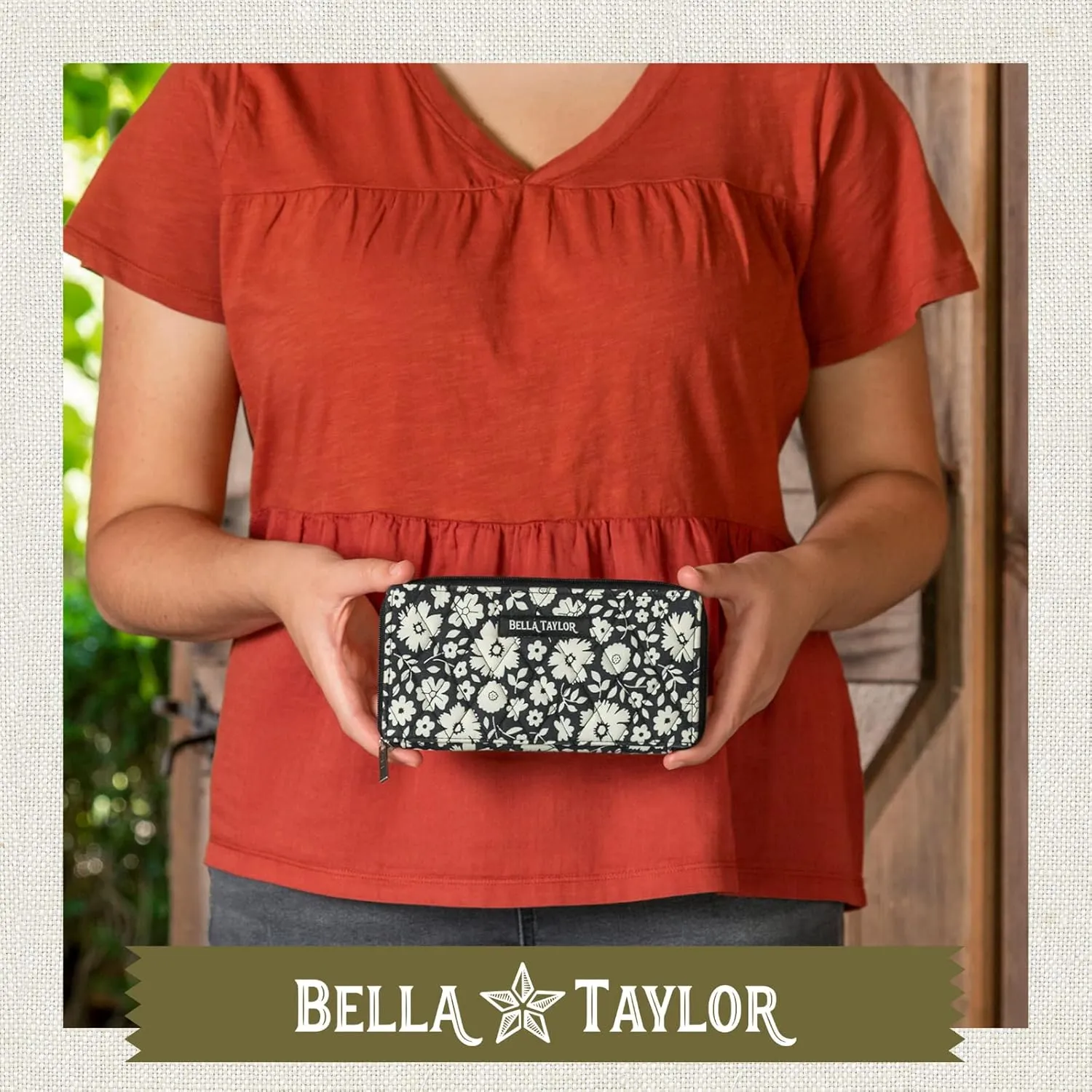 Bella Taylor Slim Card Wallet for Women | Quilted Cotton Fabric Zip Around Credit Card Wallet with RFID Protection | Bicolor Floral Black