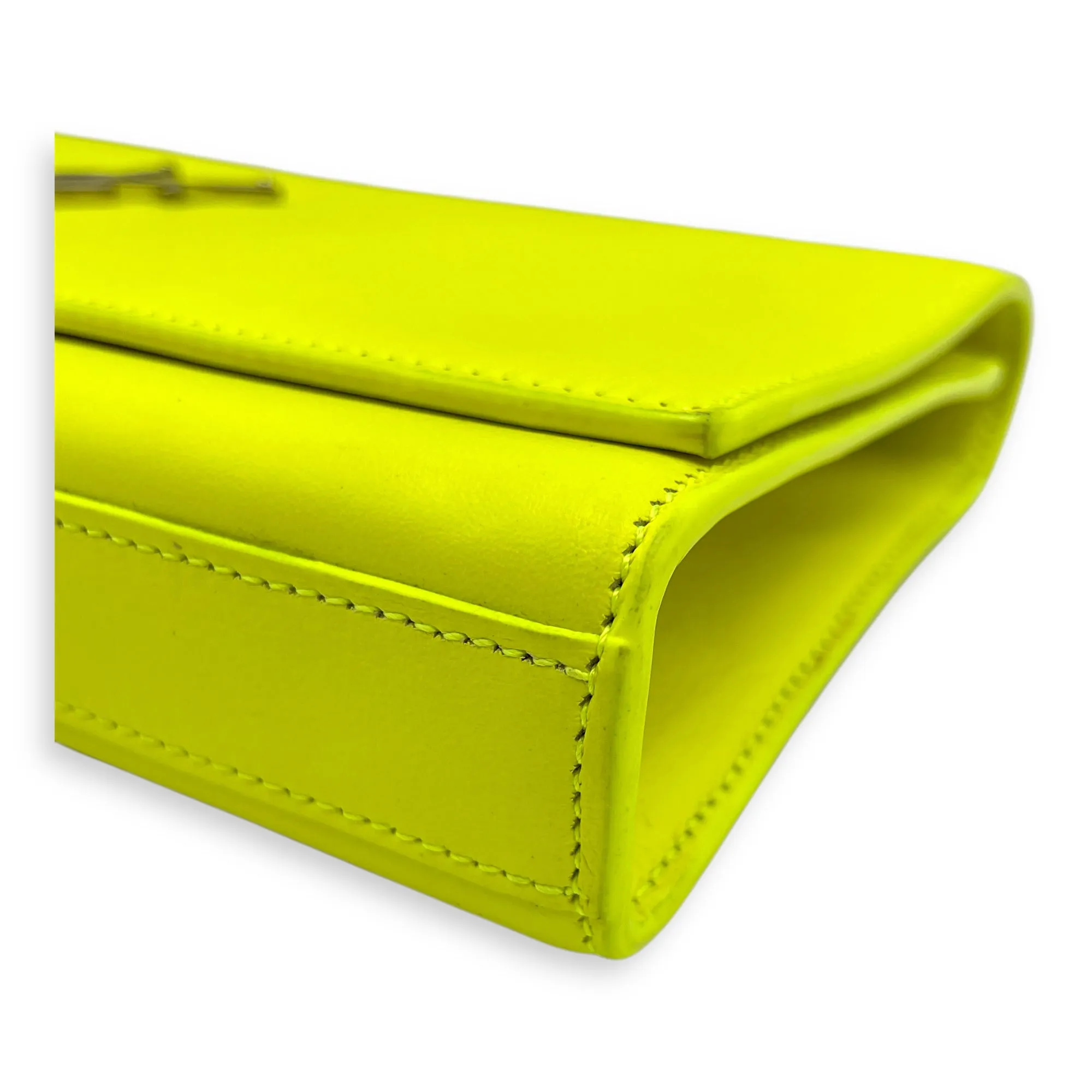 Belle De Jour Neon Yellow Clutch in Calfskin, Silver hardware