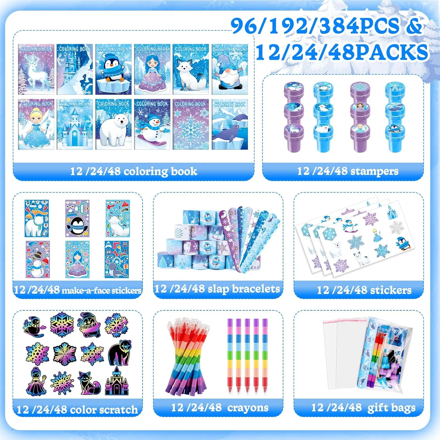 BenLouis 192pcs Frozen Party Favors Set for Kids Winter Snowflake Coloring Book Christmas School Classroom Gift Reward Prize Crafts Bulk for Students Frozen Birthday Goodie Bag Stuffers Supplies