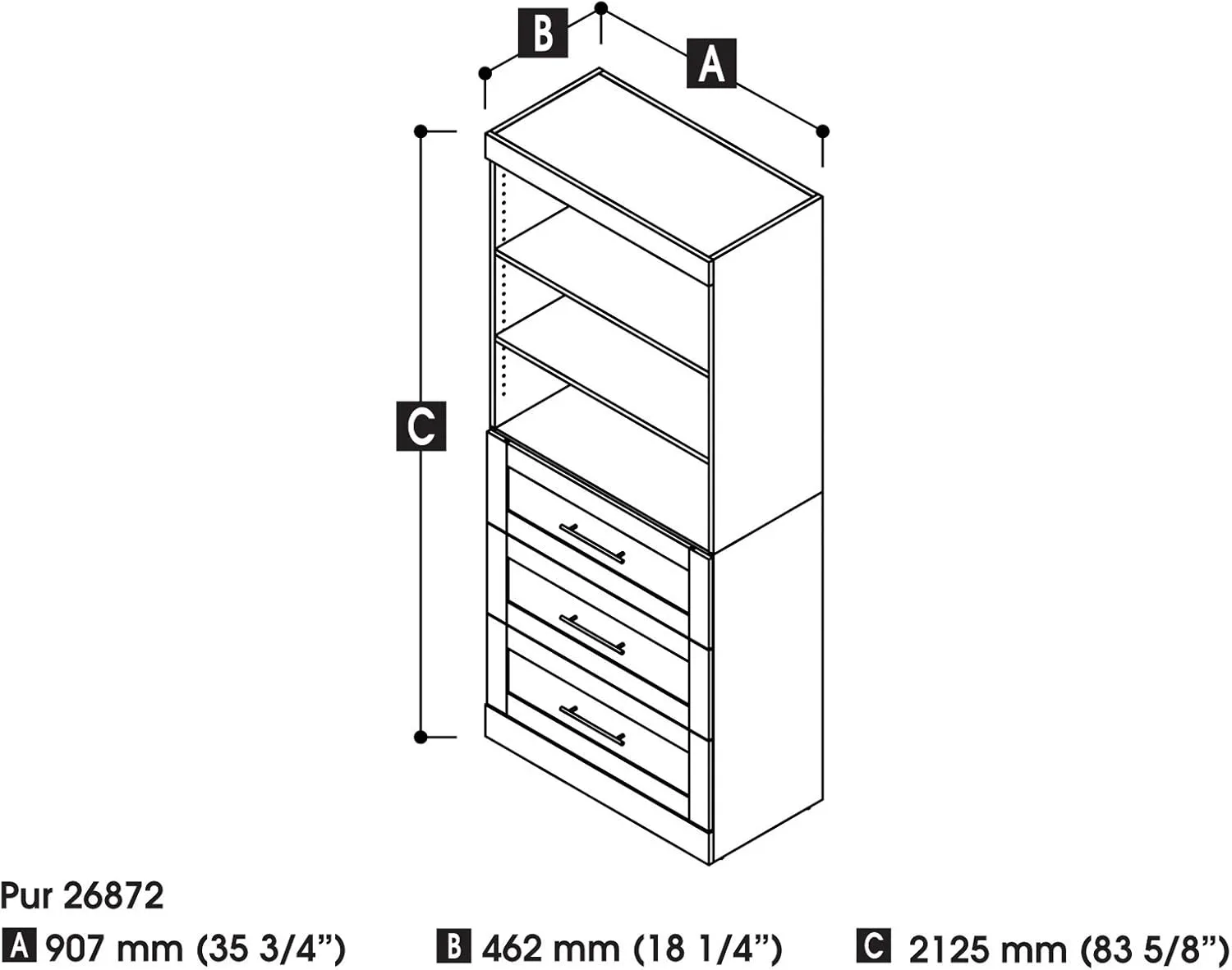 Bestar Closet Organizer System 25-inch with Drawers for Walk-in Closets, Bedroom, Entryway, Pur Collection, Modern, Bark Gray