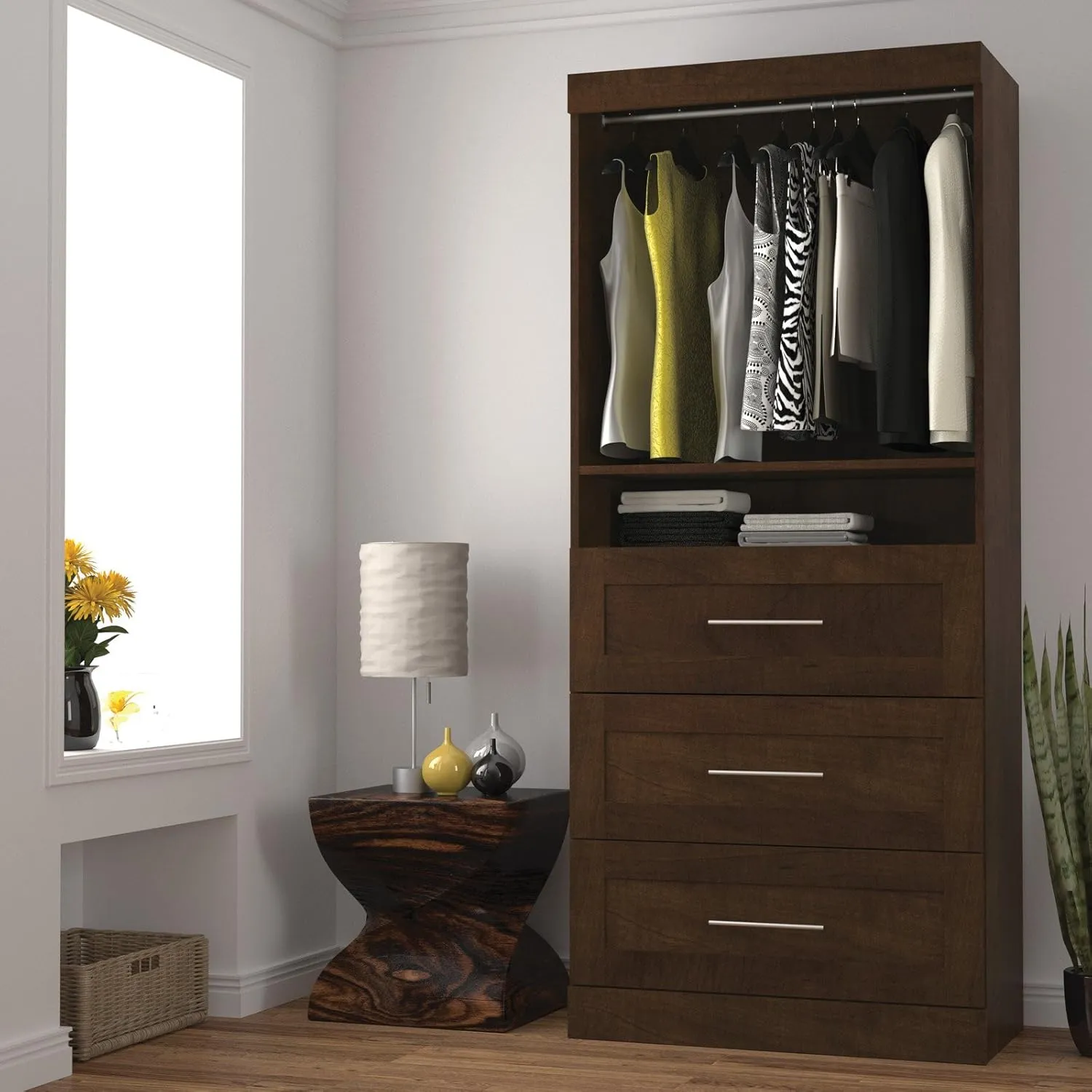 Bestar Closet Organizer System 25-inch with Drawers for Walk-in Closets, Bedroom, Entryway, Pur Collection, Modern, Bark Gray