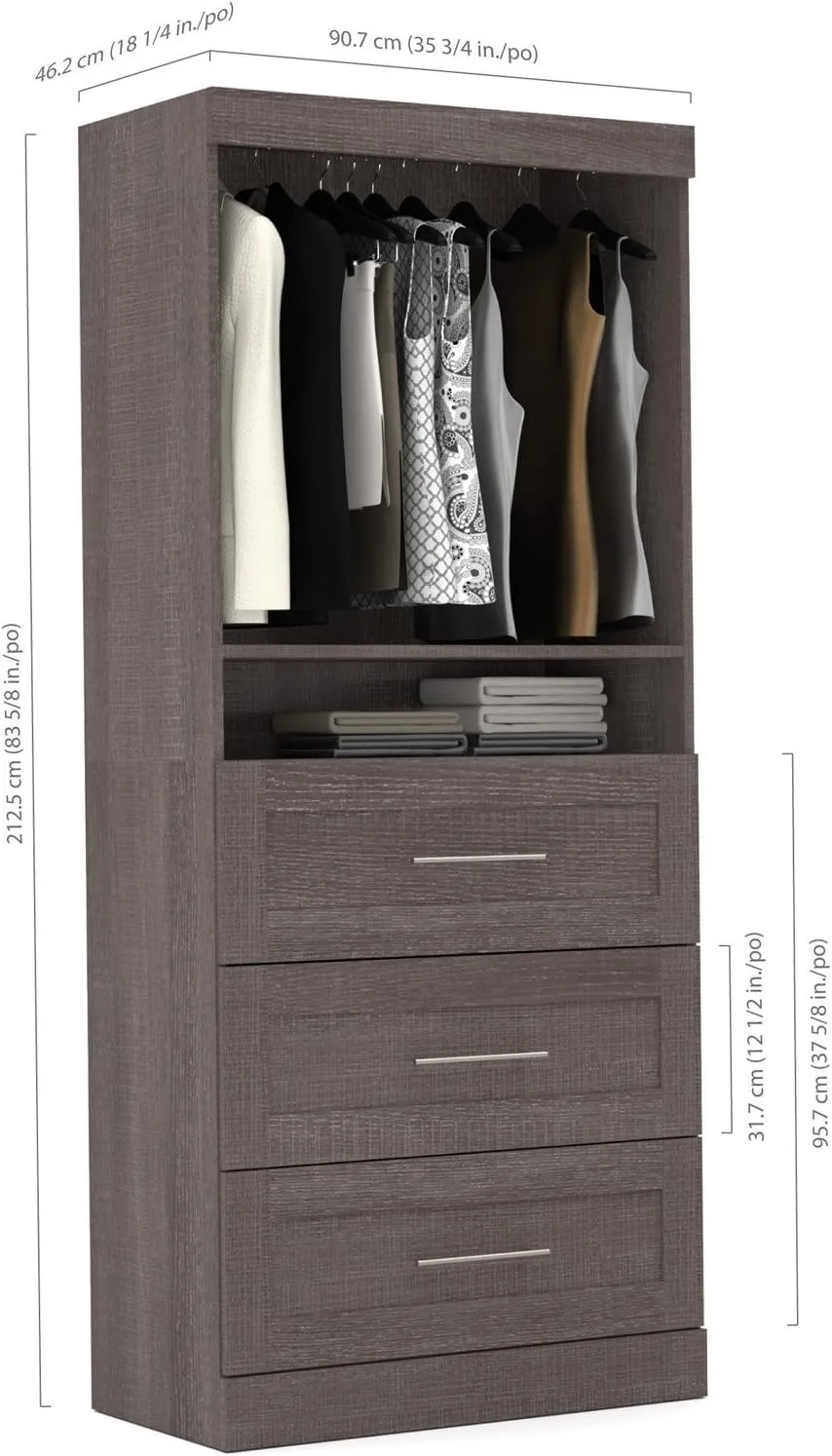 Bestar Closet Organizer System 25-inch with Drawers for Walk-in Closets, Bedroom, Entryway, Pur Collection, Modern, Bark Gray