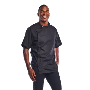 Betty Dain Classic Barber Jacket, Barber Design, Band Collar, Shoulder Snaps, Single Chest Pocket, Concealed Side Zipper Closure, Soft Cotton/Polyester Blend, Machine Washable, Black, 2XL