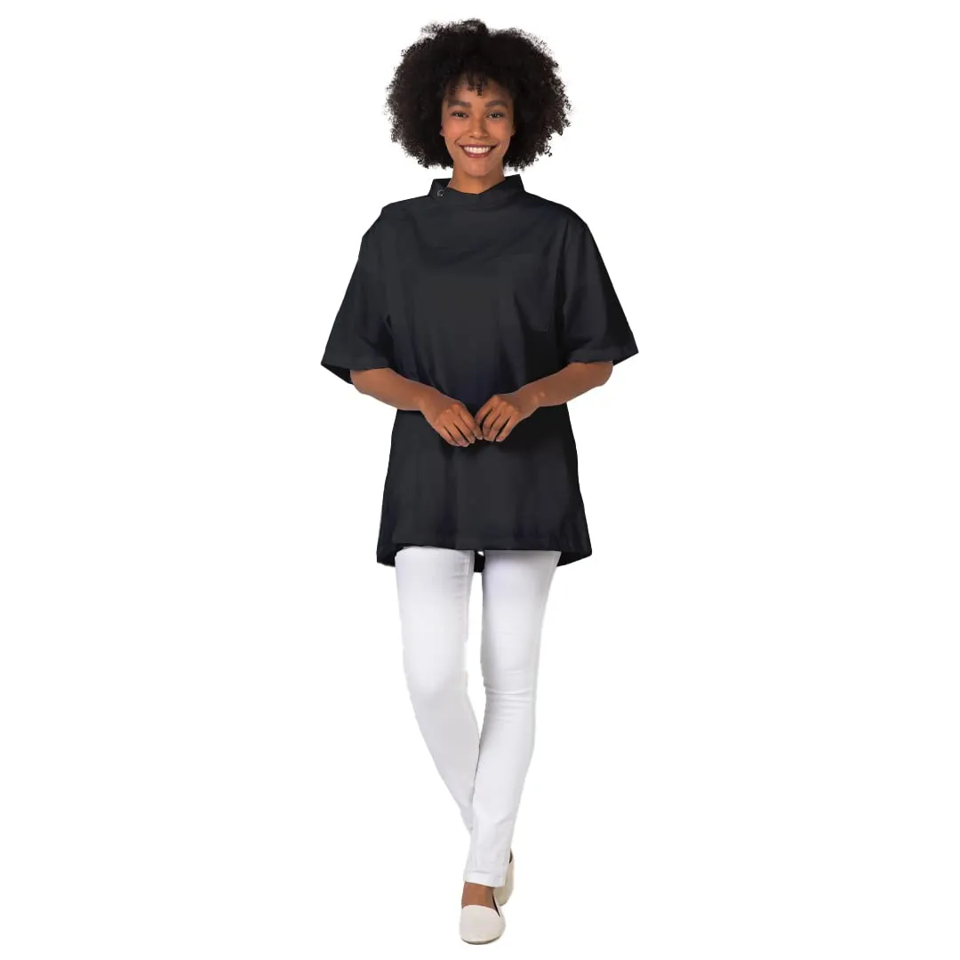 Betty Dain Classic Barber Jacket, Barber Design, Band Collar, Shoulder Snaps, Single Chest Pocket, Concealed Side Zipper Closure, Soft Cotton/Polyester Blend, Machine Washable, Black, 2XL