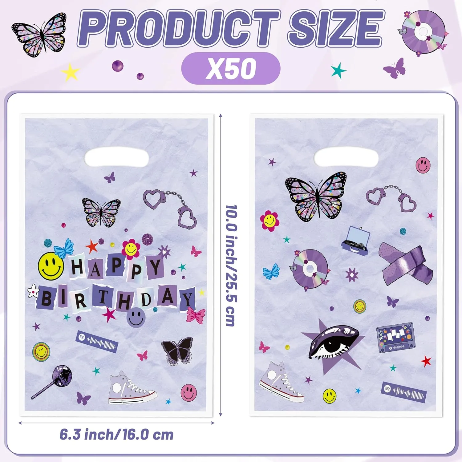 BHronony Pop Music Birthday Bags - 50pcs Popular Music Party Favor Goodie Bag, Musical Lover Themed Happy Birthday Gift Bags for Sing Kids Girls Teens Bday Bachelorette Holiday Decorations Supplies