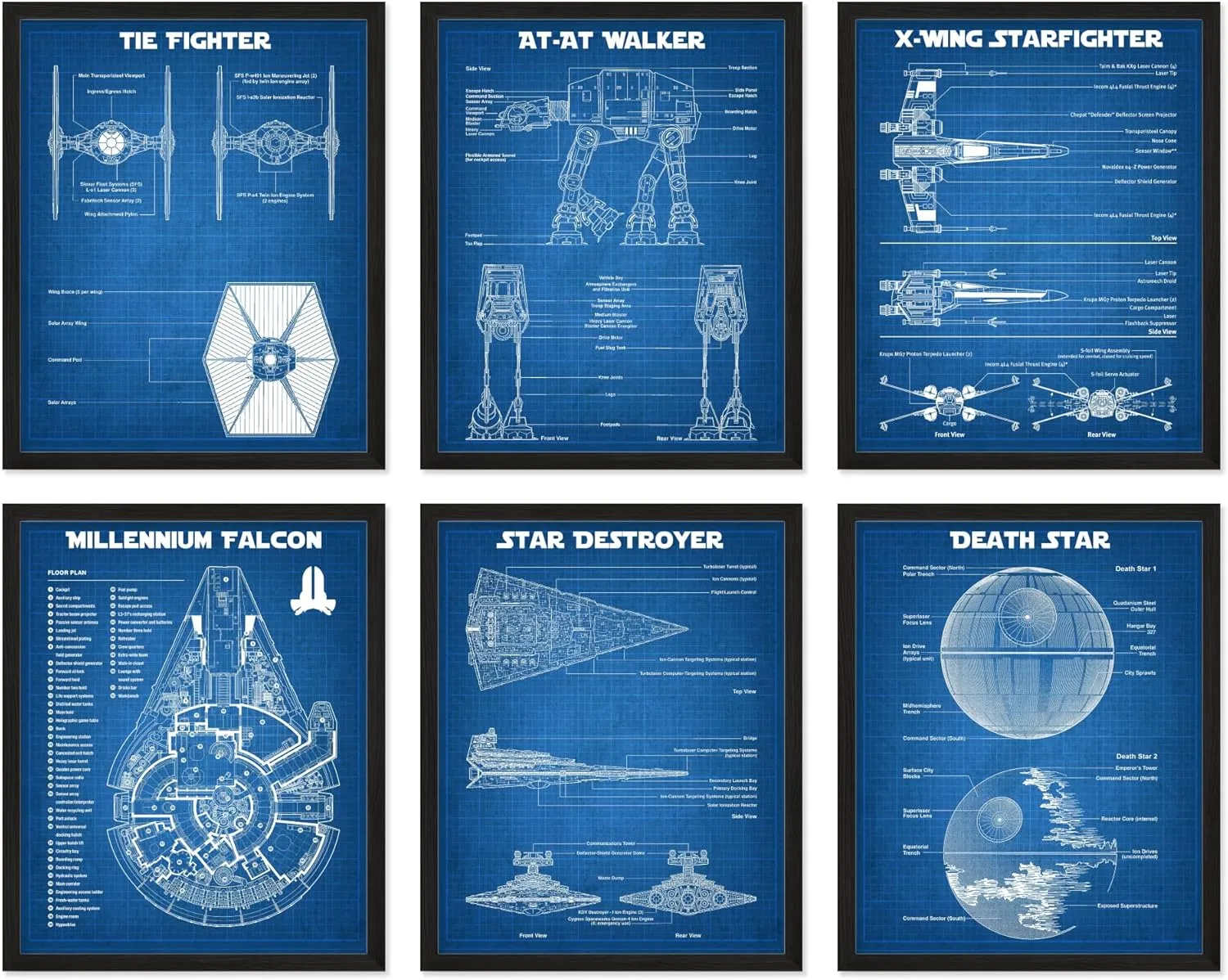 BigWig Prints Star Wars Blueprints - Star Wars Poster, Starwars Wall Decor, Starwars Posters for Walls, Deathstar, Millennium Falcon, X Wing, Tie Fighter, AT-AT Gifts - Unframed Set of 6 (8x10)