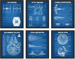 BigWig Prints Star Wars Blueprints - Star Wars Poster, Starwars Wall Decor, Starwars Posters for Walls, Deathstar, Millennium Falcon, X Wing, Tie Fighter, AT-AT Gifts - Unframed Set of 6 (8x10)