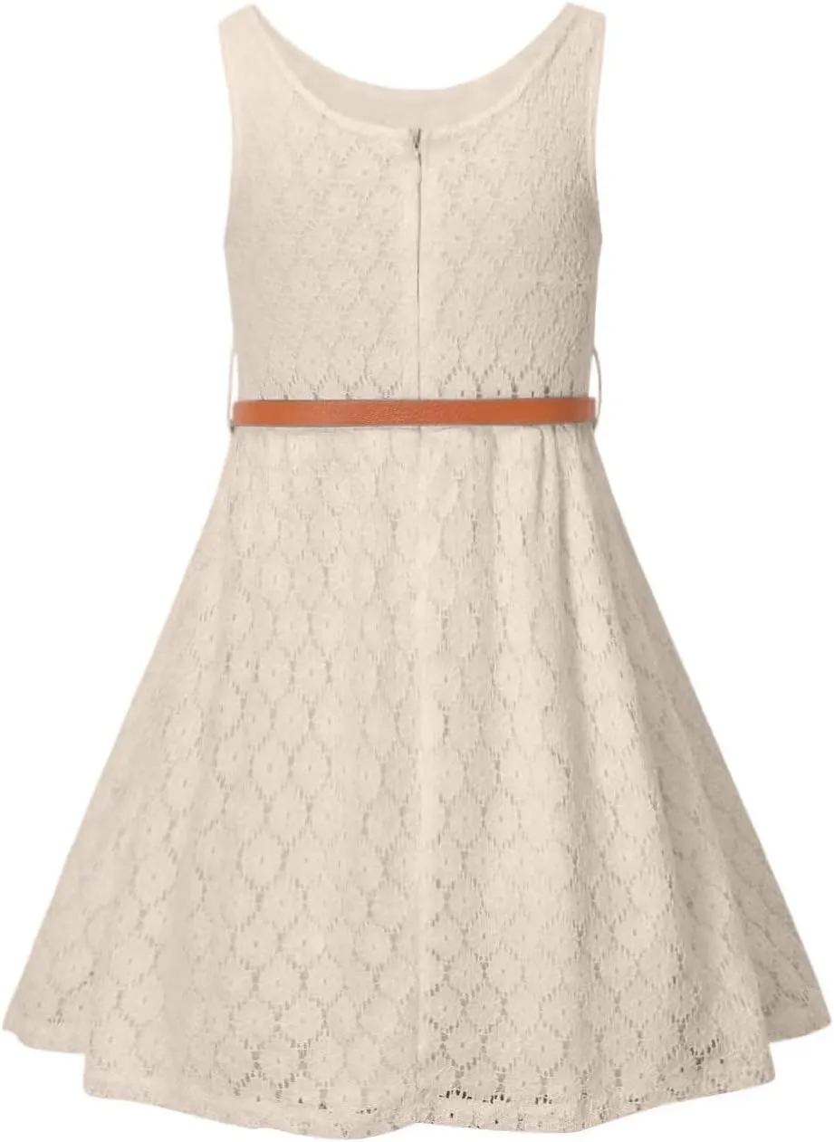 BINPAW Girls Sleeveless Flower Lace Dress for Wedding with Belt