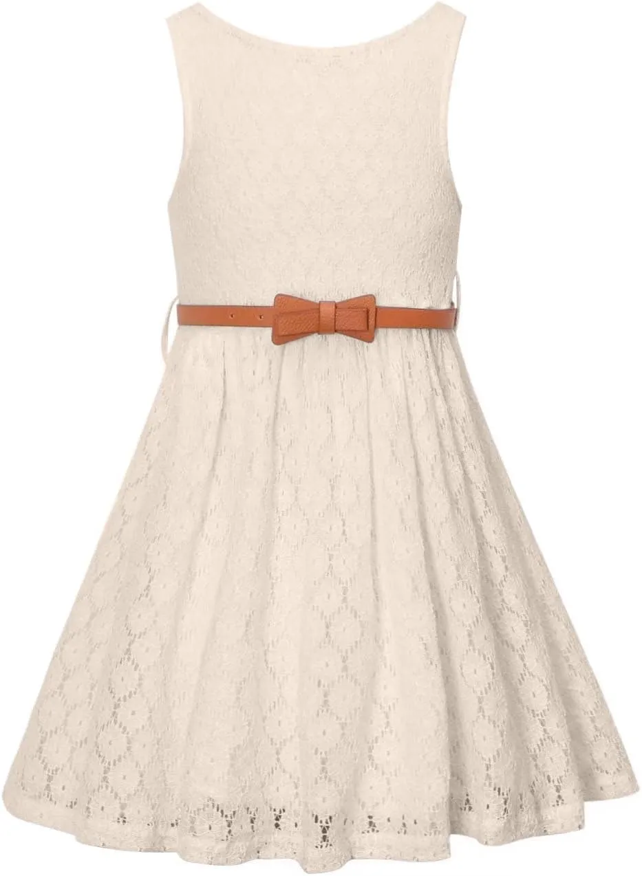 BINPAW Girls Sleeveless Flower Lace Dress for Wedding with Belt