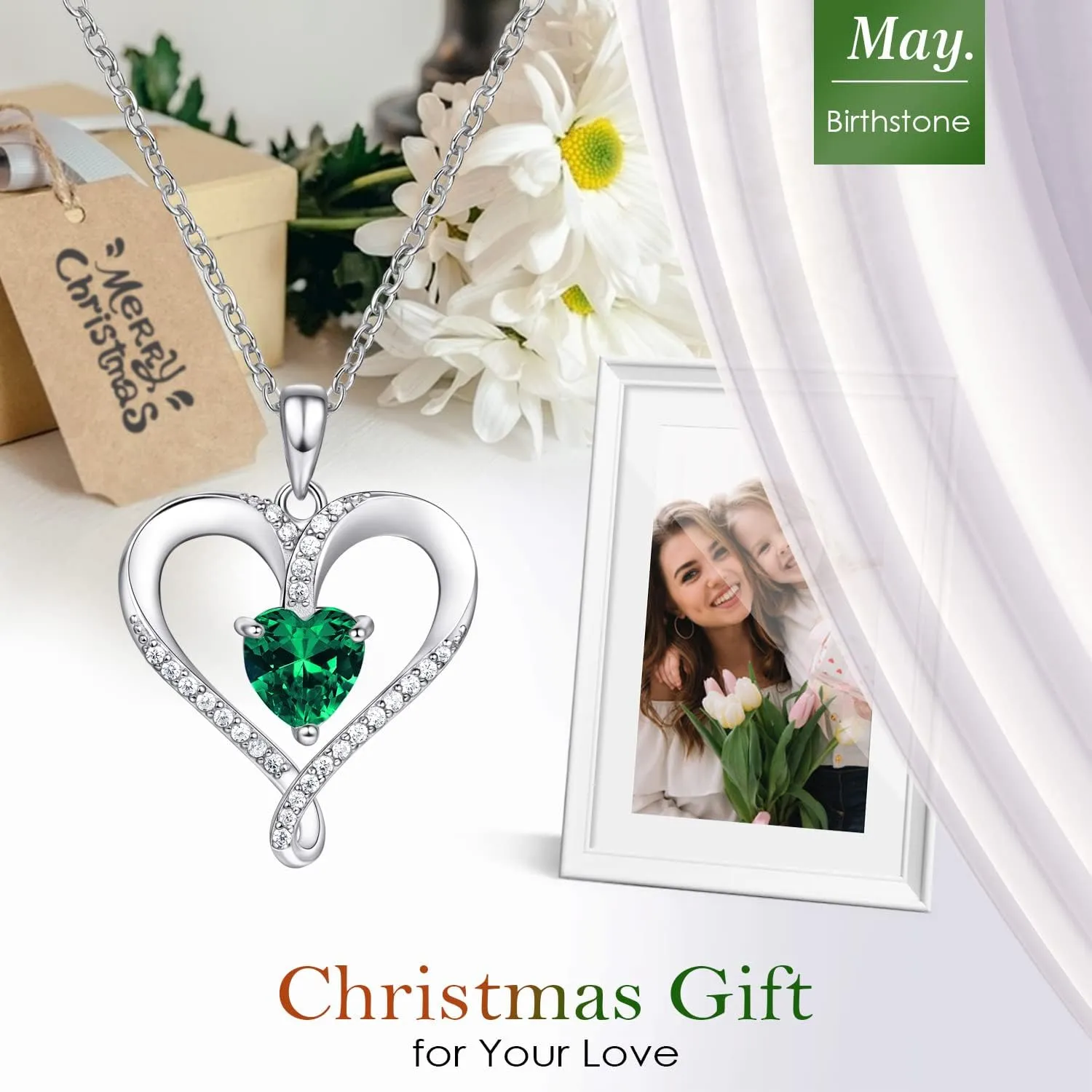 Birthstone Necklace for Women, 18K White Gold Heart Necklace Filled 925 Sterling Silver, Diamond Womens Jewelry Christmas Gifts for Women Wife