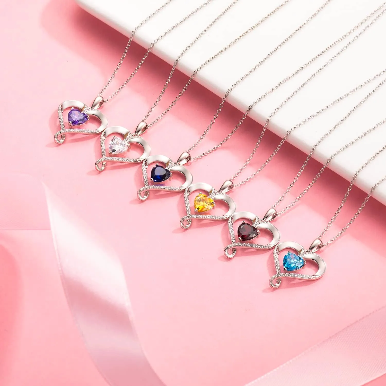 Birthstone Necklace for Women, 18K White Gold Heart Necklace Filled 925 Sterling Silver, Diamond Womens Jewelry Christmas Gifts for Women Wife